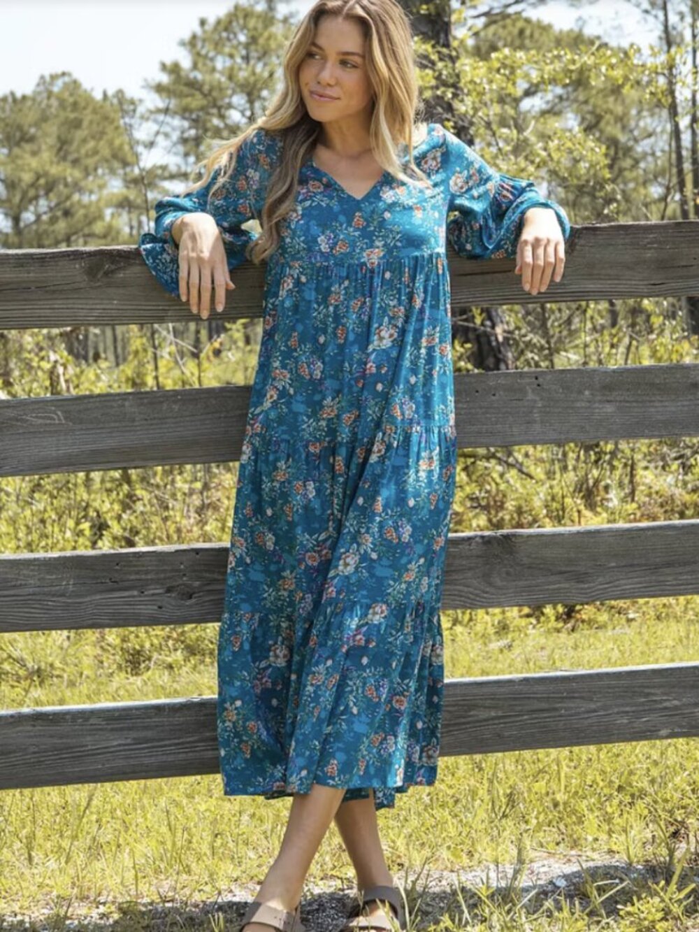 Natural Life XL Charlotte Midi Dress Tiered Bell Sleeves V-neck